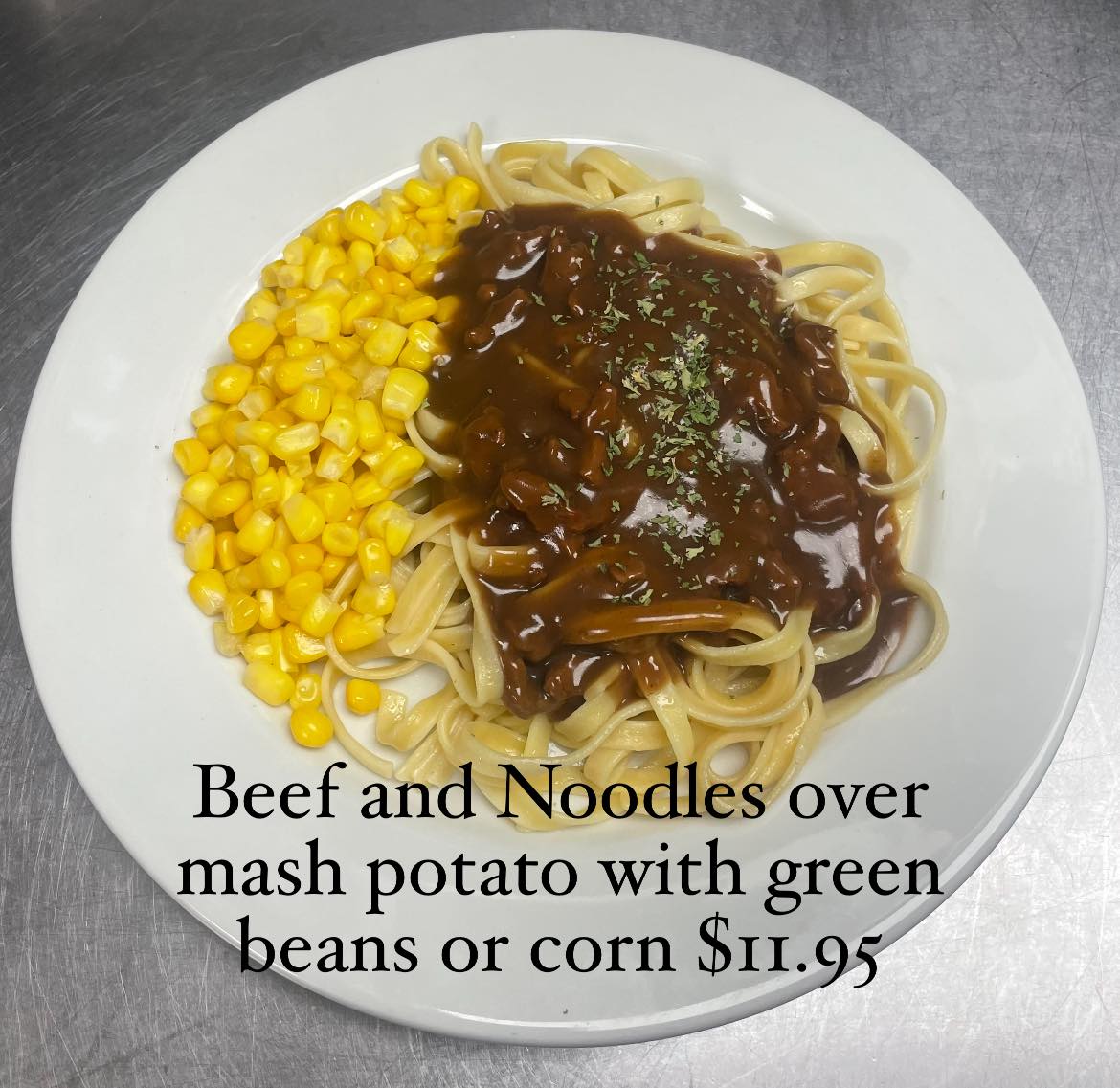 Beef and noodles comfort food plate